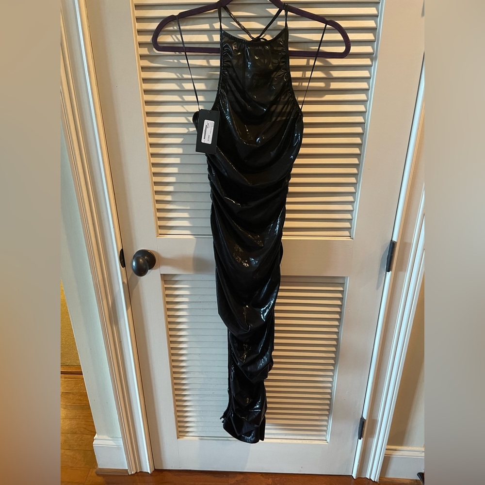 Long black wet fitted dress metallic
